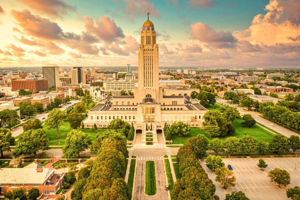 image of Lincoln skyline and Nebraska State Capitol