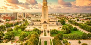 image of Lincoln skyline and Nebraska State Capitol